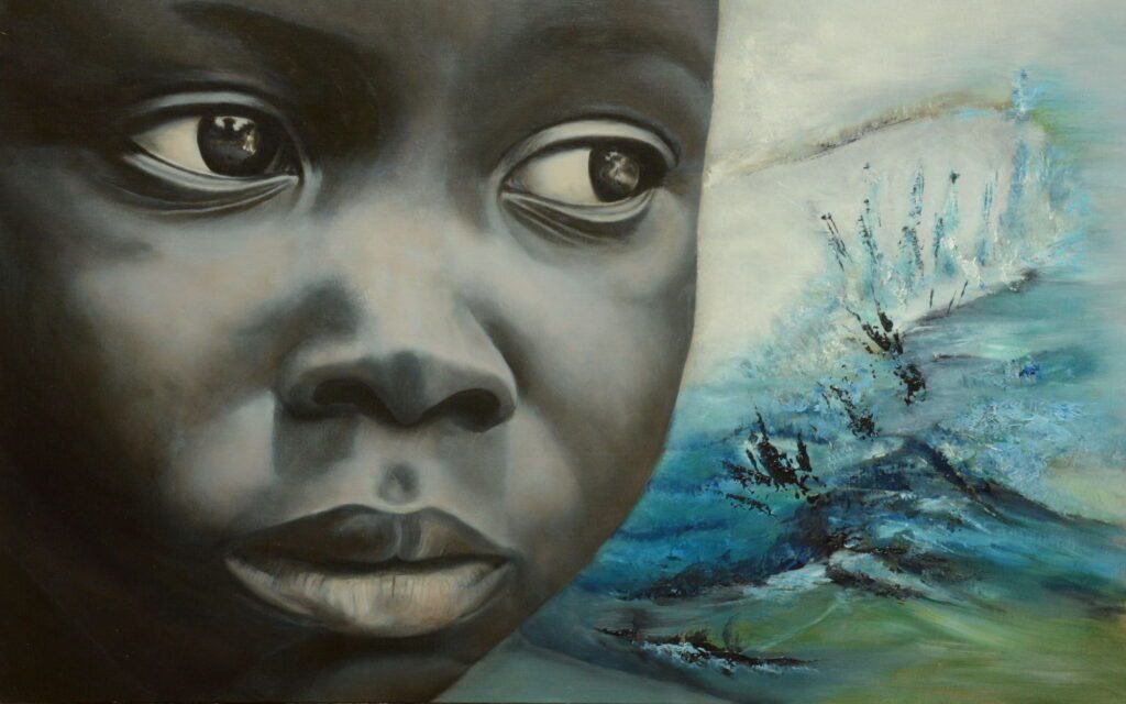 Realistic high fine art prints and original images a boy that is sad onlooking.