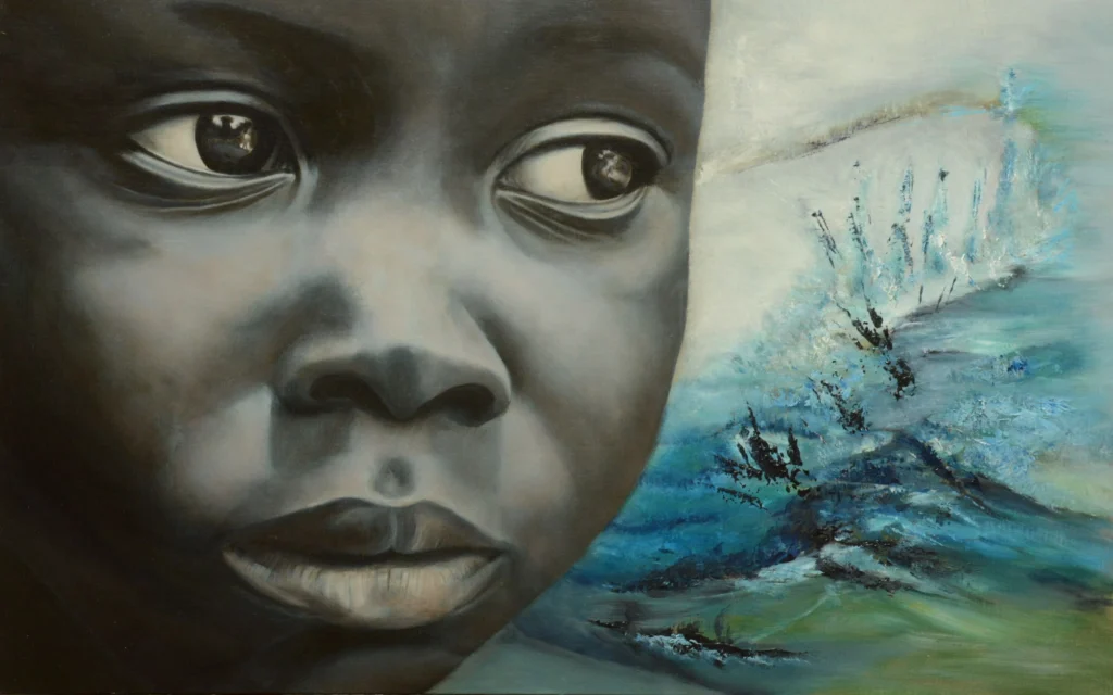 Realistic high fine art prints and original images a boy that is sad onlooking.