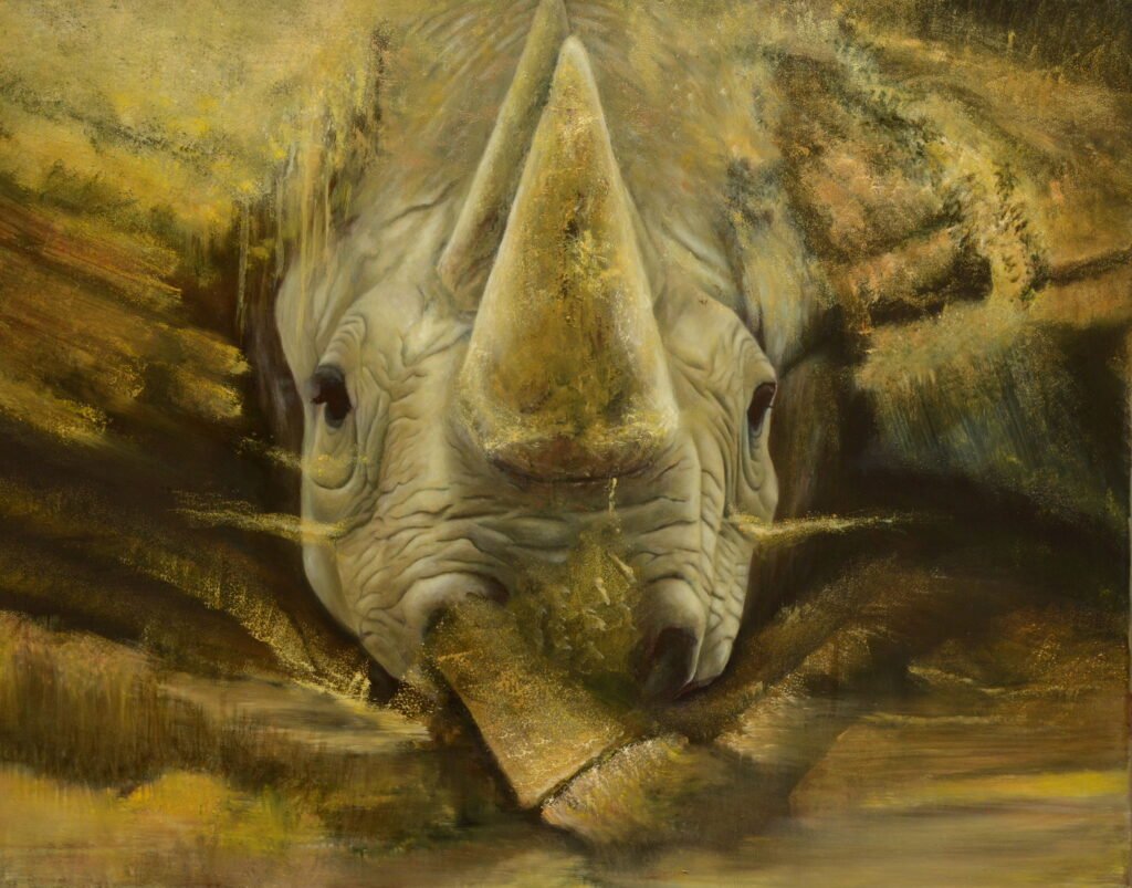 Abstract oil painting of a rhinoceros on canvas symbolizing strength and environmental fragility through expressive abstract art combined with realism