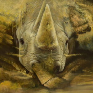 Abstract oil painting of a rhinoceros on canvas symbolizing strength and environmental fragility through expressive abstract art combined with realism