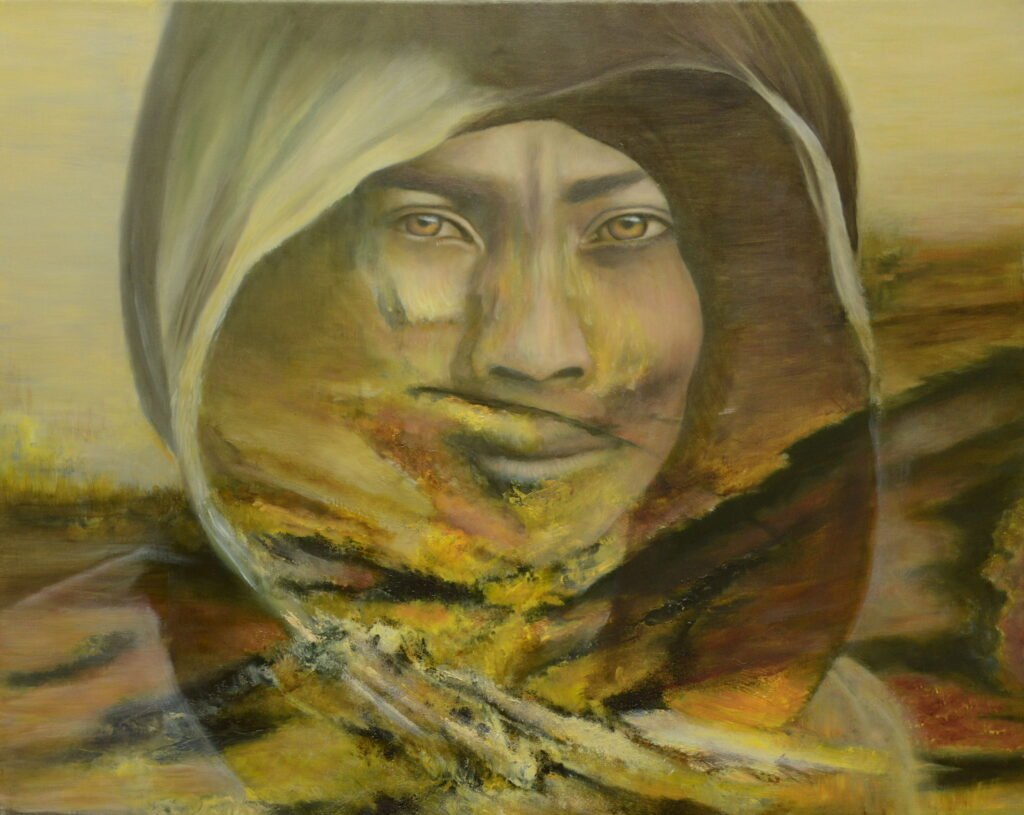 Oil on canvas an half realism half abstract work on the fading of cultures