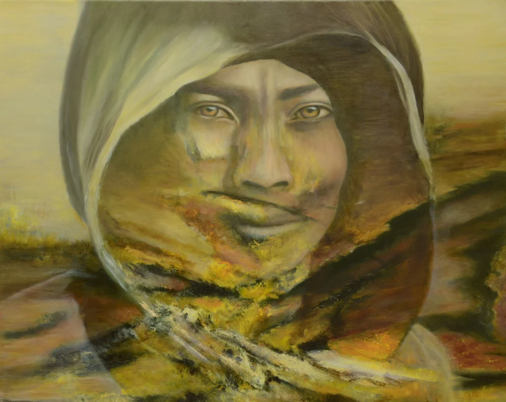 Oil on canvas an half realism half abstract work on the fading of cultures