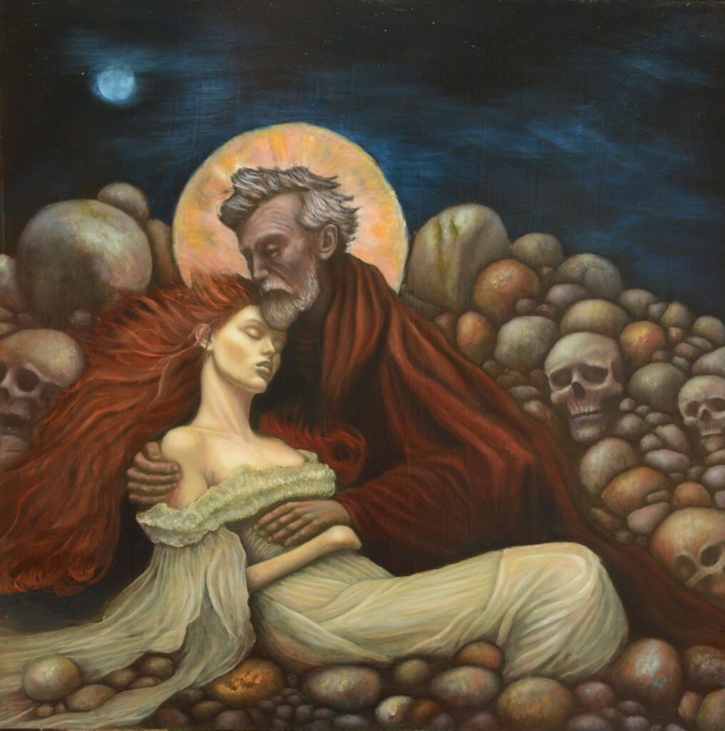 Realistic high fine art prints and original images of a man holding a woman that represents nature and dies