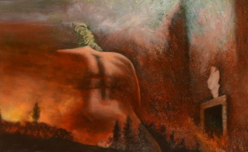 Realistic high fine art prints and original images of a female back seen in the burnign fire of woods.