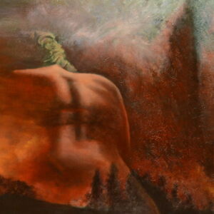 Realistic high fine art prints and original images of a female back seen in the burnign fire of woods.