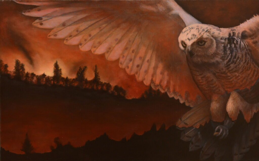 Realistic high fine art prints and original images of a owl flying through burning forest saving a last blade of grass