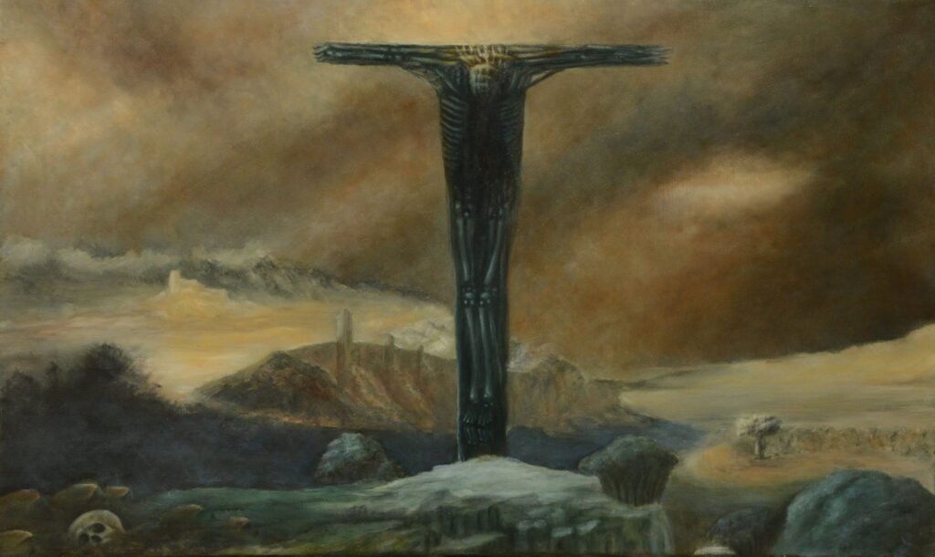 Realistic high fine art prints and original images of a cross in front of the golden city and the human does not deserve to enter because he destroyed nature