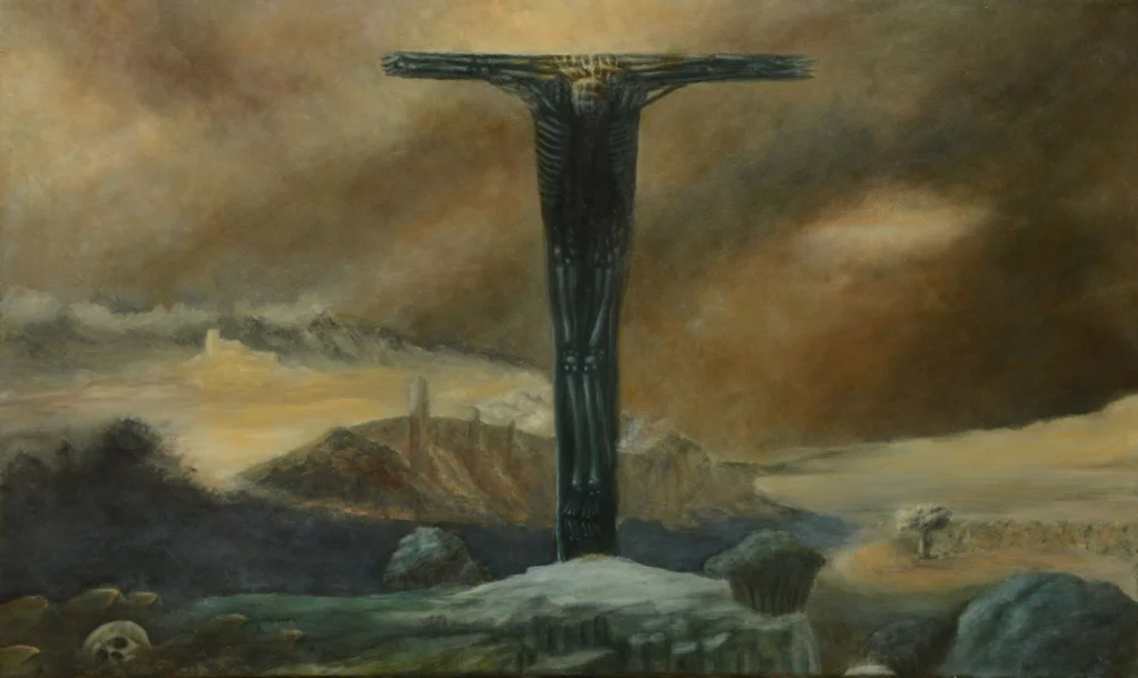 Realistic high fine art prints and original images of a cross in front of the golden city and the human does not deserve to enter because he destroyed nature
