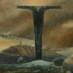 Realistic high fine art prints and original images of a cross in front of the golden city and the human does not deserve to enter because he destroyed nature