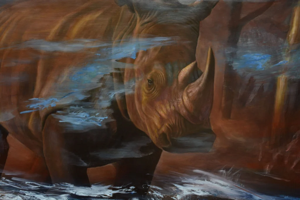 Realistic high fine art prints and original images of a rhino running towards viewer fleeing the scene abstract realistic expressionist
