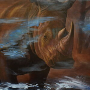 Realistic high fine art prints and original images of a rhino running towards viewer fleeing the scene abstract realistic expressionist